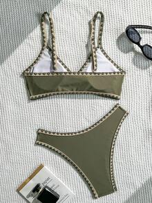 Swim Basics Summer New Solid Color Adjustable Strap Seashell Trim Low Waist Triangle Bikini Swimwear Set For Women - Multicolor - View 2