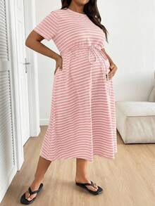Plussiva 大码孕妇条纹圆领系腰休闲度假日常连衣裙 - 粉色 - 查看 5
