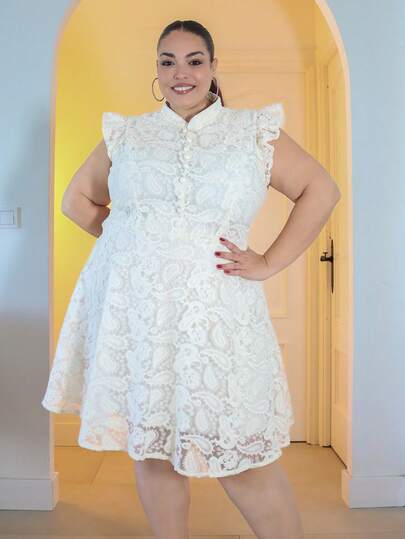 Pretty and Ole Plus Size Women's Cap Sleeve Embroidered Dress, Elegant And Romantic French Style