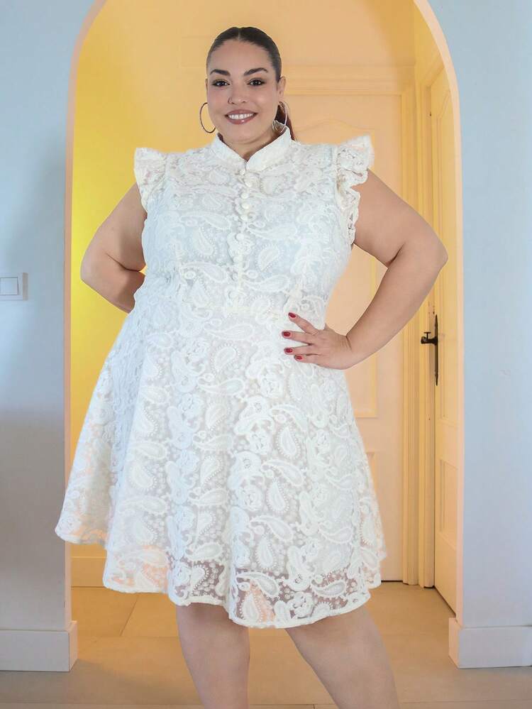 Pretty and Ole Vestido con mangas de campana y bordados para mujer talla grande, elegante y romántico estilo francés - Albaricoque - Añade 1