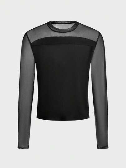 EASEVO Plus Size Men's Mesh Patchwork Solid Color Round Neck Sheer Long Sleeve T-Shirt  Dry And Breathable Elastic And Close-Fitting Lightweight And Supple