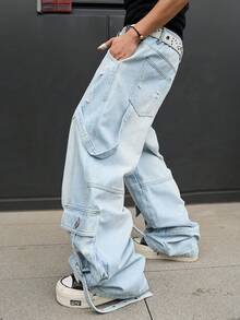 Manfinity EMRG Men's Casual Streetwear Multi-Pocket Distressed Denim Jeans - Light Wash - View 8