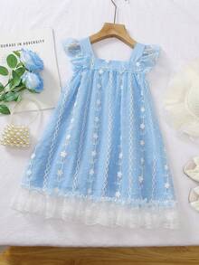 少女夏季休闲假日花卉刺绣网纱撞色蕾丝边方领宽松连衣裙 - 淺藍色 - 查看 3