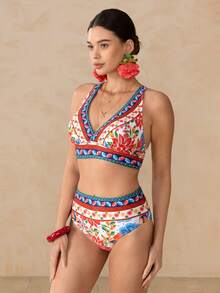 Swim Oasis 女士夏季沙滩印花时尚性感比基尼泳衣套装，含罩衫和裙子 - 彩色 - 查看 3