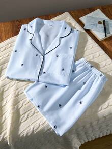 SHEIN 2pcs Women Sleepwear Set: Lapel Cardigan & Shorts - White - View 1