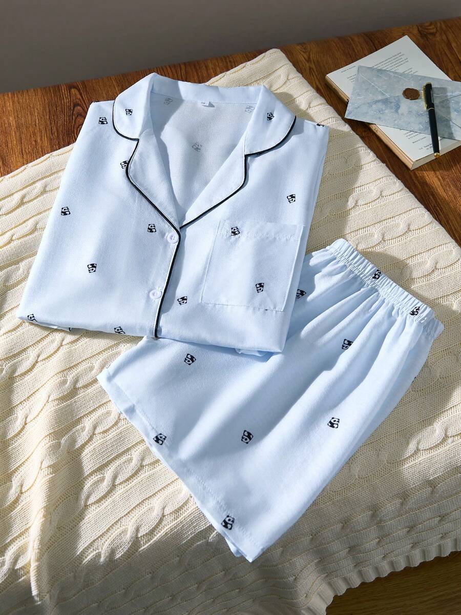 SHEIN 2pcs Women Sleepwear Set: Lapel Cardigan & Shorts - White - View 1