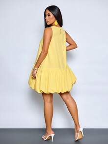 SOLERSUN Women's Elegant Scoop Neck Chic Ruffled Hem Summer Party Outfit Puffball Mini Dress - Yellow - View 2