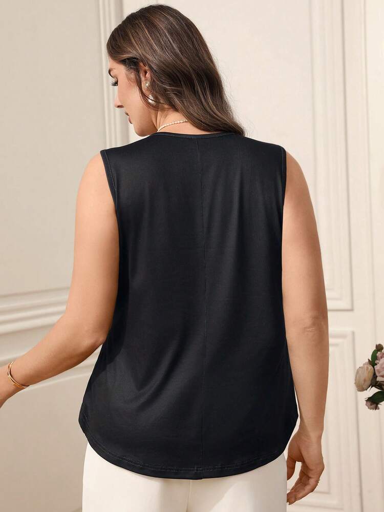 Plus Size Women Shiny Graphic Print Button Design Casual Round Neck Tank Top/Summer/Vacation/Elegant, Summer Top Plus Size Tank Top Women's Plus Size Top Plus Size Sleeveless Top Summer Formal Attire For Women Casual Elegant Top For Women Women Plus Size Top Latest Top For Women Summer For Women Beach For Women Casual Vacation Women Country Concert Peplum