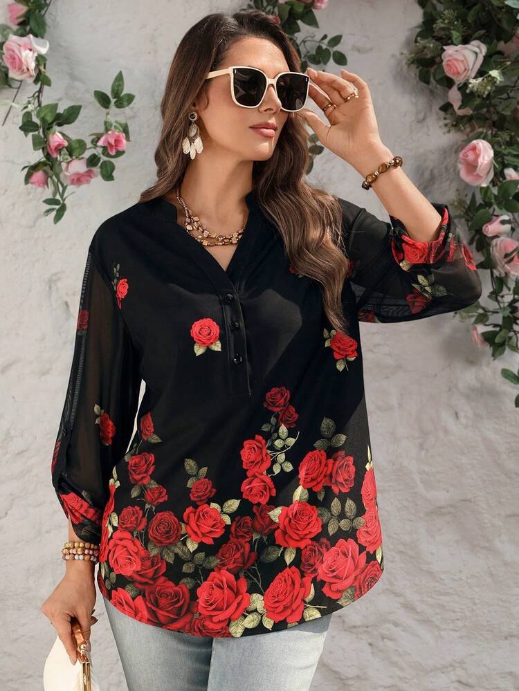 Plus Size Casual Rose Print Shirt/Summer/Vacation Half Button Beach Blouse Formal Attire New Arrival Blouse Women's Tops And Blouses Plus Size Shirts For Women Summer Outfits For Women Beach Outfit For Women Casual Vacation Outfits Women Country Concert Outfit Peplum