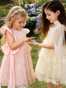 SHEIN Glamorique Kids 少女生日派對婚禮節日禮服，白色夏季傳統抹胸3D花朵薄紗蝴蝶結刺繡澎澎裙公主洋裝 - 杏色 - 查看 12