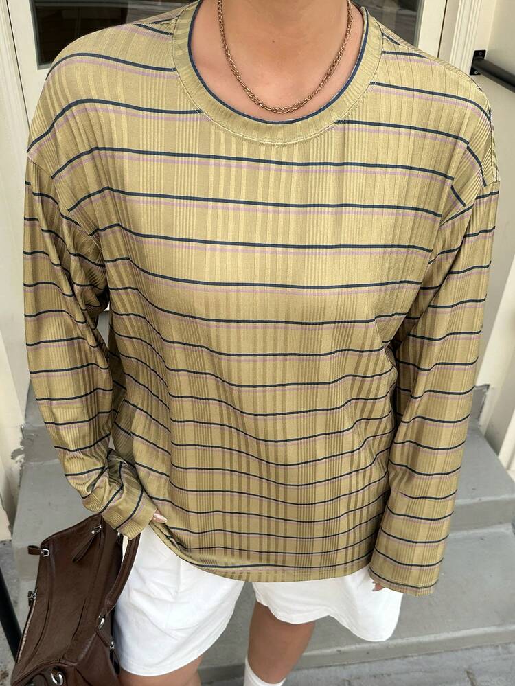 Dazy Plus Plus Size Casual Striped Drop Shoulder Long Sleeve T-Shirt, Spring/Summer