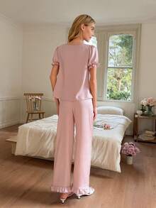 Snug Reverie Women's Short Sleeve Lantern Sleeve Top With Embroidered Floral Lace Trim And Pants Pajama Set - Pink - View 2