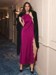 Maija 2026 Women's Lace Patchwork Cap Sleeve Round Neck Black High Slit Dress, Suitable For Autumn/Winter Party, Halloween, Christmas, Spring Break Split Thigh Dress Purple Dress Lace Detail Dress Sexy Date Night Dress  St Patrick's Day Women Easter Summer Outfits Easter Dress Women Party Top Beach Dress Summer Holiday Outfits Each Vacation Outfits For Women  Summer Outfit For Women Going Out Outfits Graduation Graduation Outfit  Casual Dresses  Casual Blouses For Women - Red Violet - View 4