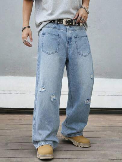 Manfinity EMRG Vintage Loose Fit Distressed Multi-Pocket Washed Soft Denim Jeans