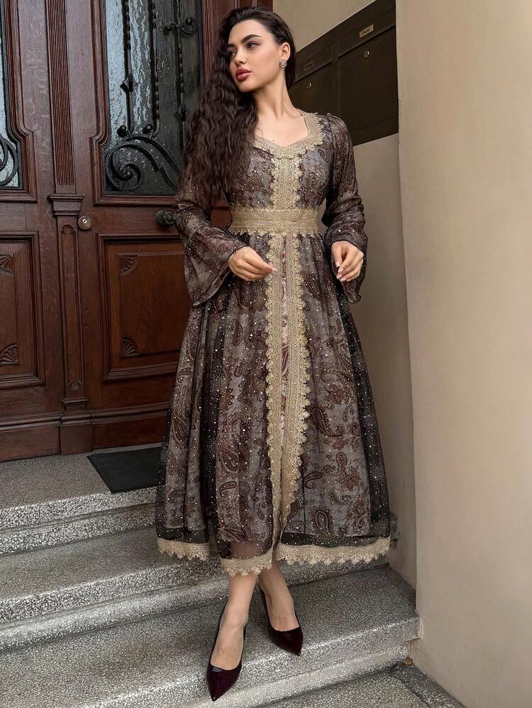 Spring & Summer Brown Shiny Sequin Gold Embroidered Floral All-Over Print 2 In 1 Contrast Color Block Cocktail Party Wedding Formal Gown Maxi Dress With Flared Sleeves Sundress