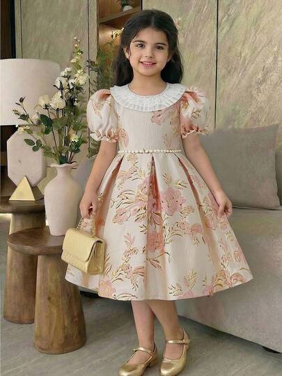 SHEIN 少女提花面料腰部串珠公主裙，搭配奢华长薄纱裙，适合生日派对、婚礼、演出等场合。