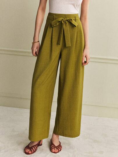 Écloséra Nuevos pantalones casuales de moda para mujer de pierna recta, cintura alta, ajuste holgado, color verde militar con cintura anudada, pantalones de traje de /verano, pantalones de pierna ancha