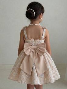 SHEIN Young Girl Sweet & Cute Jacquard Sleeveless Princess Dress - Khaki - View 5