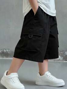 SHEIN Young Boys Casual Comfortable Loose Solid Color Woven Shorts With Pockets - Black - View 5