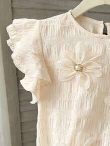 Souflis Souflis Young Girl Fashion Elegant 3D Floral Decor Solid Color Round Neck Ruffle Hem Loose Casual Blouse, Girls Flower Top - Apricot - View 3