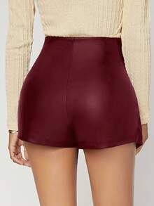 SHEIN SXY 春夏双层下摆PU皮黑色紧身裙裤 - 酒紅色 - 查看 2