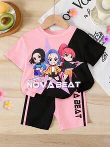 SHEIN Set de 2 piezas con camiseta de manga corta de cuello redondo suave y pantalones cortos de cintura elástica con personaje de dibujos animados de K-pop rosa para niña, adecuado para uso casual y salidas en primavera/verano - Multicolor - Ver 2