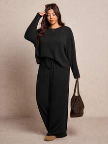 Elaquor Plus Size Women 2 Pieces Set, Solid Color Batwing Sleeve Top And Pants - Black - View 1