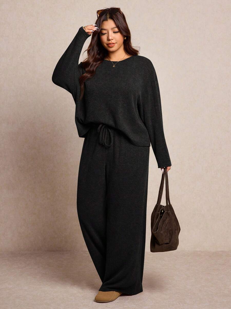 Elaquor Plus Size Women 2 Pieces Set, Solid Color Batwing Sleeve Top And Pants - Black - View 1