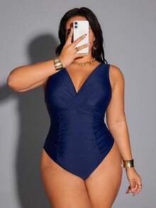 Shapewave Bộ đồ bơi liền thân cạp cao, màu trơn, ôm dáng, tôn dáng, dành cho kỳ nghỉ hè 2026, cỡ lớn, thích hợp cho bãi biển. - Màu xanh hải quân - Xem 7