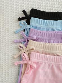 SHEIN Playful Pals 5組幼兒女嬰可愛休閒粉色夏季羅紋針織荷葉邊短袖T恤與短褲兩件套套裝，適合工作與旅行 - 彩色 - 查看 5