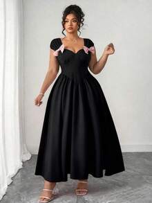 Elenzga Plus Size Black Elegant Summer Maxi Dress,Sweetheart Neck Bowknot Decor Sleeveless A-Line Festa Dress,Formal Long Party Beach Vacation Women Dresses - Black - View 4