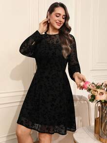 Miaspire Đầm mini ren đen dài tay cổ tròn thanh lịch dành cho nữ cỡ lớn, thích hợp cho đầu xuân. - màu đen - Xem 1