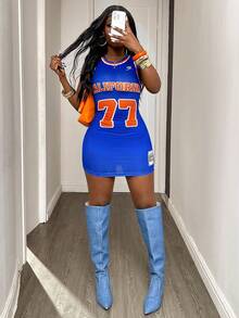 SHEIN BamGlam 女士字母数字印花圆领无袖修身休闲连衣裙，夏季 - 藍色 - 查看 3