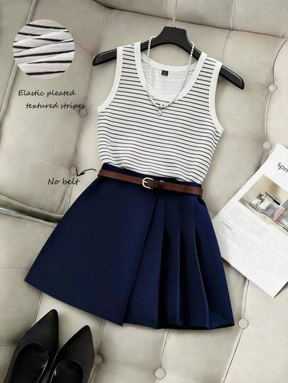 Resyla Women's Casual Striped Camisole And Mini Skirt Shorts 2 Pieces Set, Sporty Campus Style Nautical Outfits For Women Preppy Clothes In Women Sailor Outfit Women Cute Clothes Petite Clothes Trending Outfit Stripe Top And Pleated Skirt Nice Outfit For Women School Outfits For Women Cute Outfit For Women