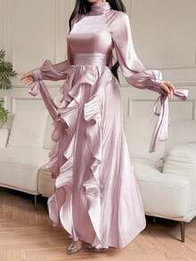 DAZY Vestido elegante de mujer de unicolor con cuello alto, manga larga raglán, patchwork y volantes - Rosa - Ver 3