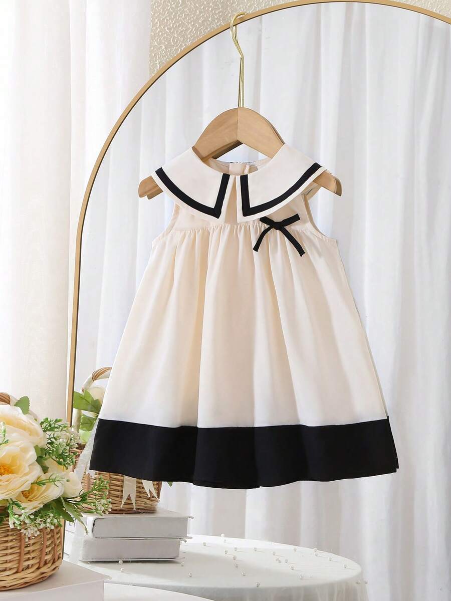 Babygirl Cute Patchwork Peter Pan Collar Bow Tie Dress - Black and White - View 1