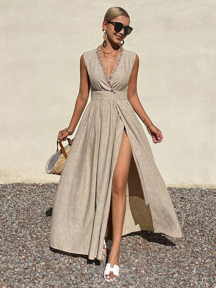 Women's Solid Color Wrap Around Sleeveless Ruffle Hem Cinched Waist Dress