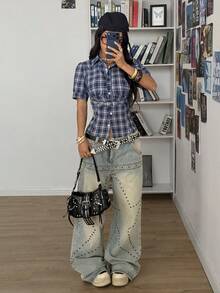 StreetHx 女士海军蓝格子修身可调节短袖衬衫，休闲百搭 - 藍色 - 查看 5