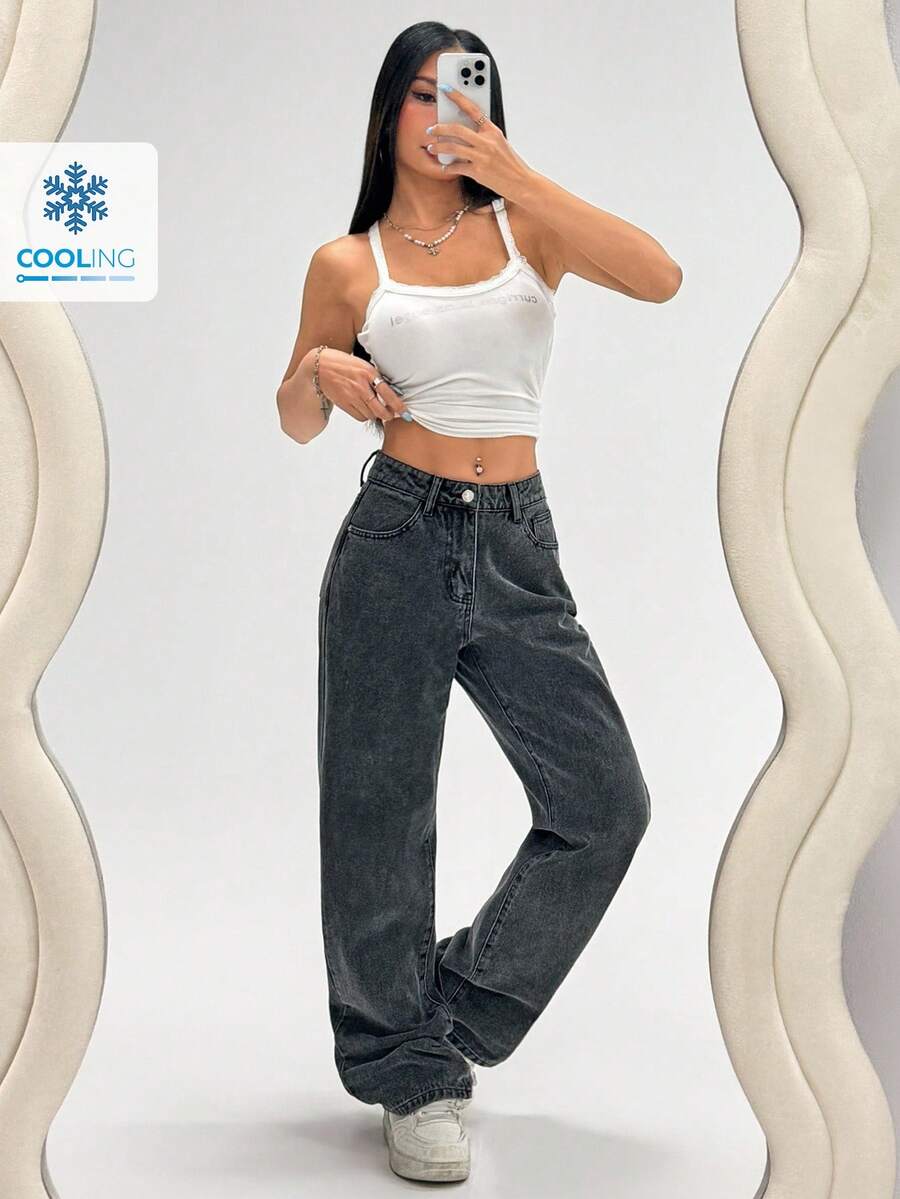 SHEIN ICON 女式休闲直筒宽松牛仔裤 - 黑色 - 查看 1