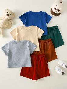 SHEIN 6pcs/Set Baby Boy Cute Summer Casual Knit Cartoon Pattern Short Sleeve T-Shirt And Shorts Set, Basic Cartoon Multi-Piece Suit, Summer Outfit - Multicolor - View 2