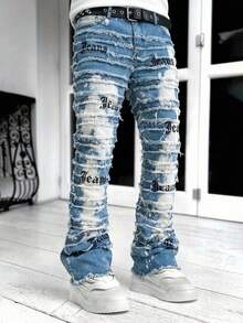 Manfinity EMRG Jeans con estampado de letras y dobladillo deshilachado en capas para hombre - Lavado ligero - Ver 1