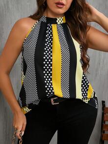 SHEIN Clasi Plus Size Women Polka Dot & Striped Casual Fashion Halter Shirt - Light Yellow - View 1