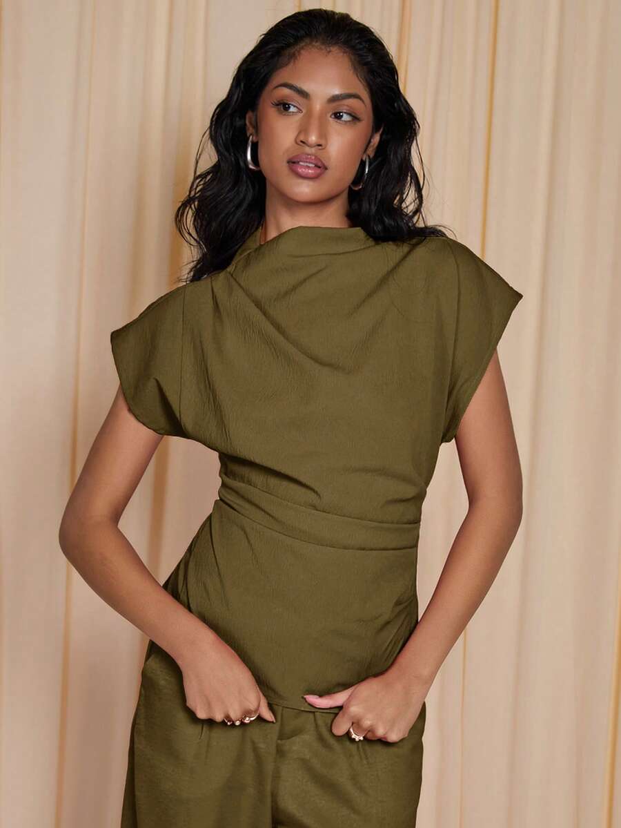 COSMINA Women's Solid Color Mandarin Collar Batwing Short Sleeve Pleated Fashionable Blouse,Summer Top - Army Green - View 1