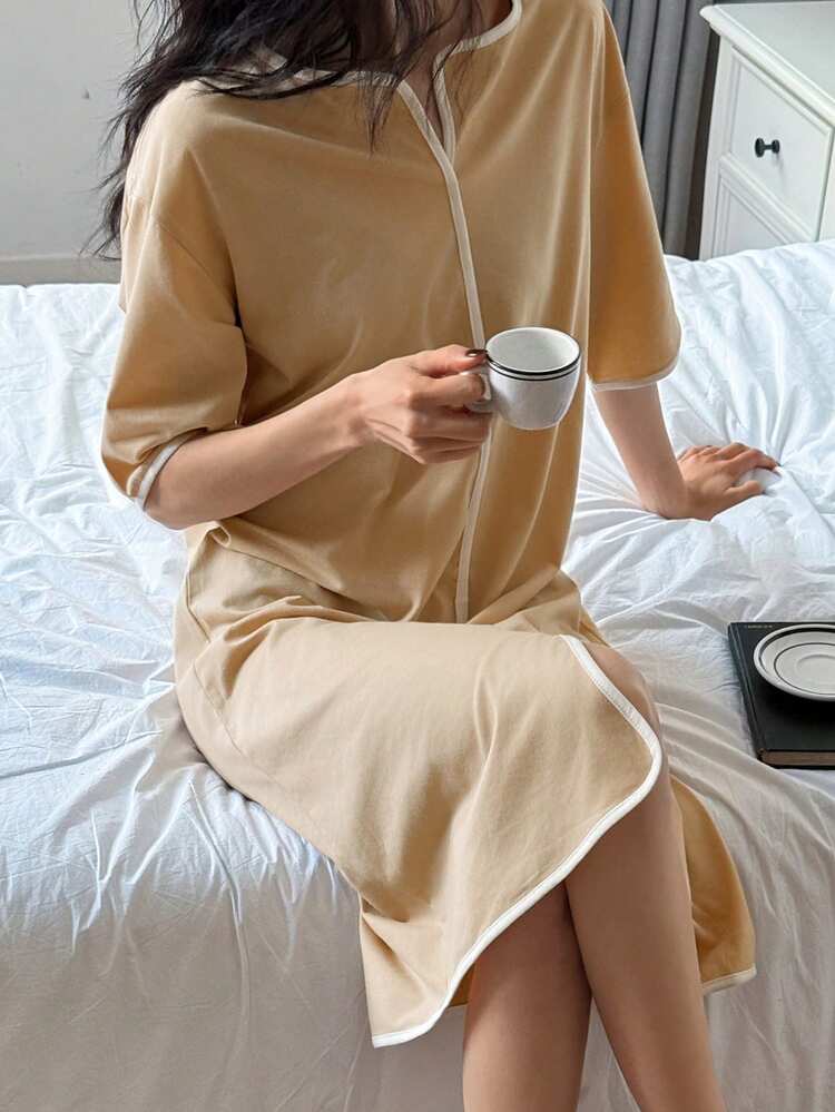 Minimalist Contrast Trim Loose Knit Women Loungewear Dress
