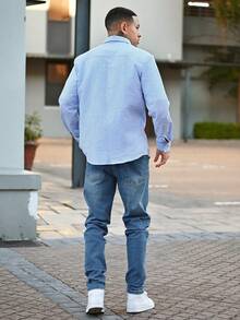 Devon Thys 男式紧身破洞牛仔裤，弹力休闲修身裤 - 藍色 - 查看 6