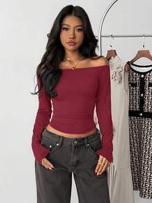 少女酒红色露肩修身休闲长袖基础款T恤 - 酒紅色 - 查看 4