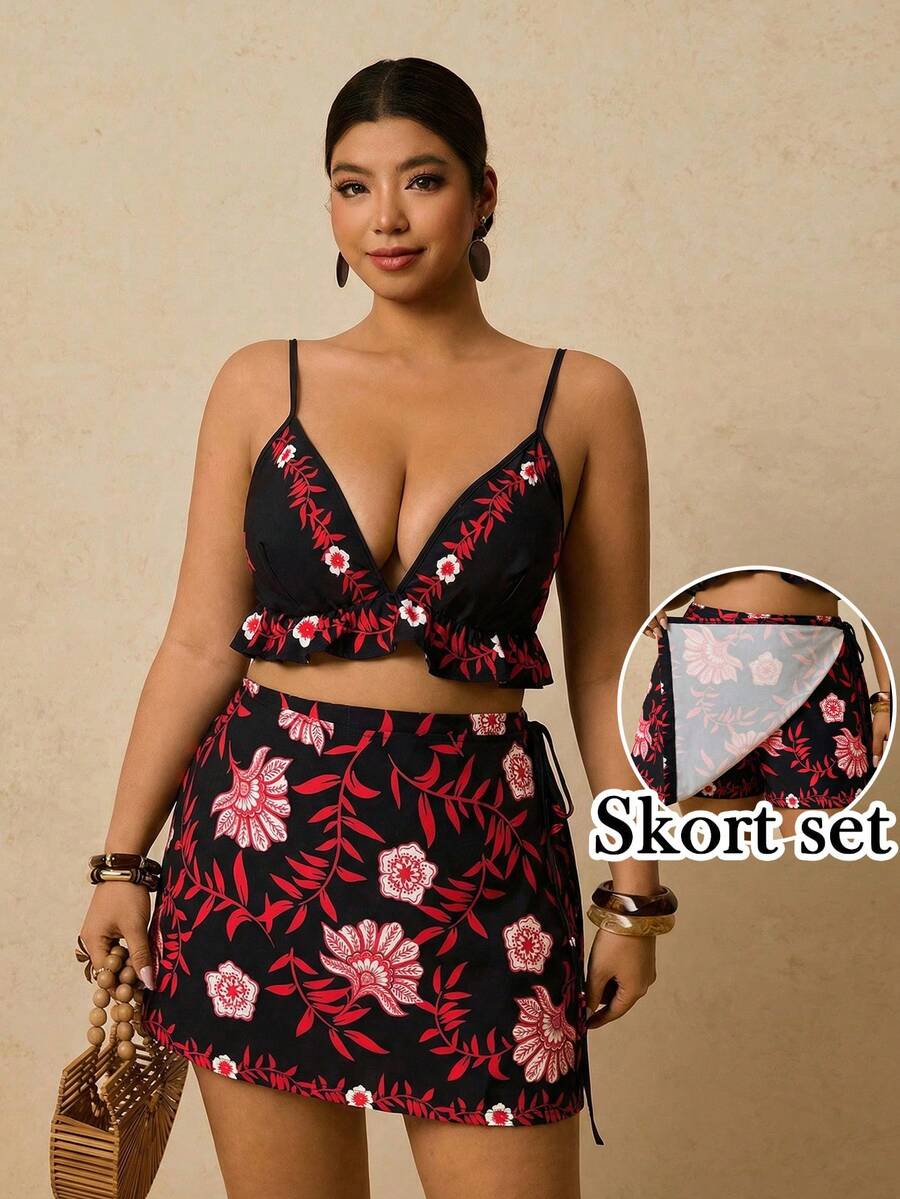 Travachic Plus Size Women Summer Floral Print Shorts Set, Camisole Top With Ruffle Hem Paired With Wrap Skort 2-Piece Outfit - Black - View 1