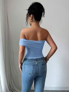 Rafferiza 女士夏季不对称下摆装饰肩部衬衫，优雅修身款上衣 - 淺藍色 - 查看 2