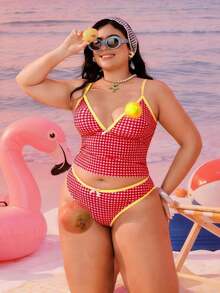 Swim Mod Bikini Wanita Ukuran Besar 2 Potong Motif Geometris Motif Flapper Musim Panas 1920-an Warna Kuning untuk Liburan Pantai, Pinggang Tinggi, Potongan Tinggi, dan Potongan Sederhana dengan Pita dan Potongan Tinggi. - Merah - View 5