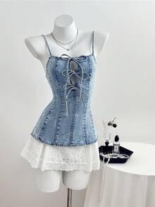Elamini Fashionable Camisole Top With Bowknot Tie-Up Washed Denim - Light Wash - View 3